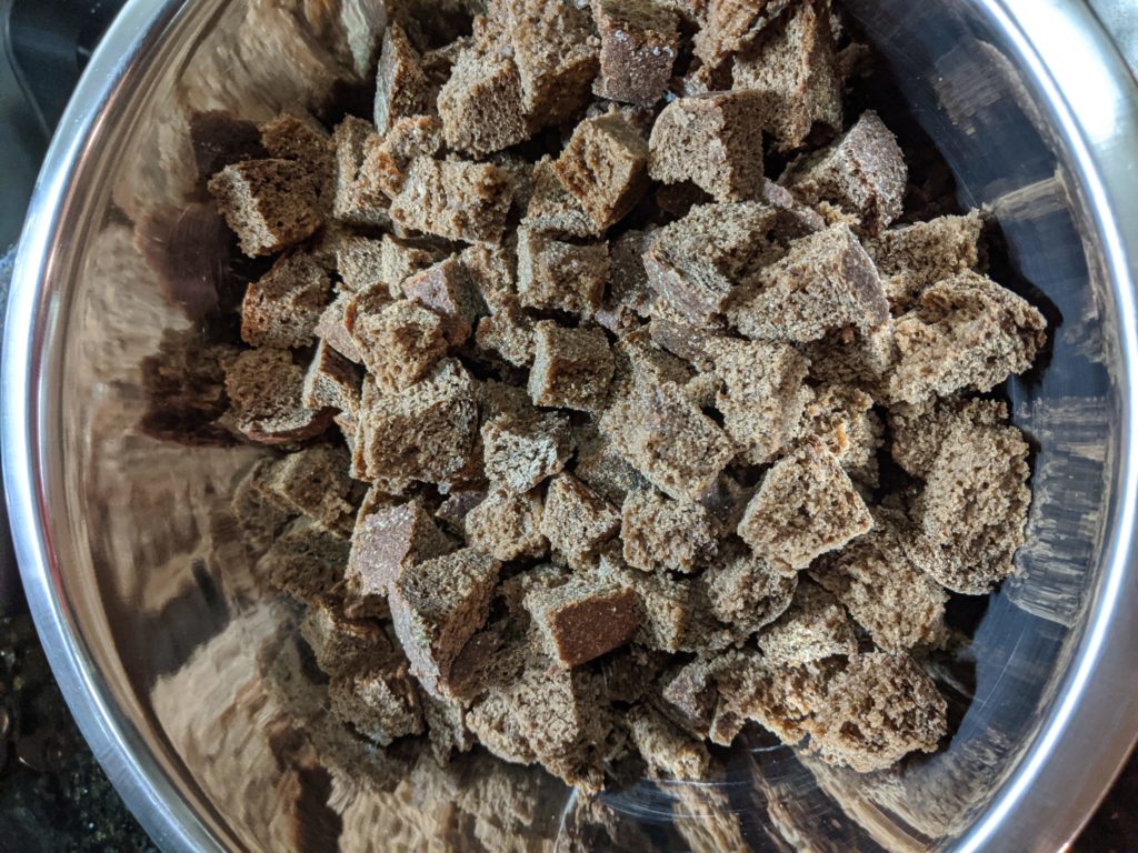 Cubed pumpernickel bread for croutons