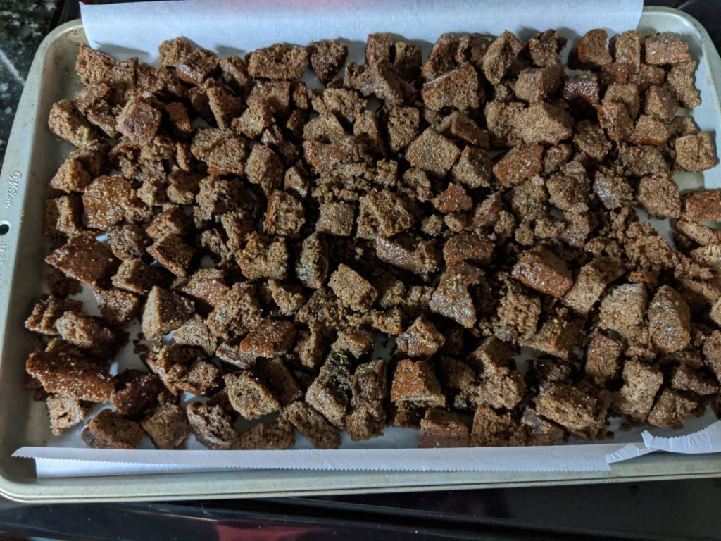 Pumpernickel croutons ready for the oven