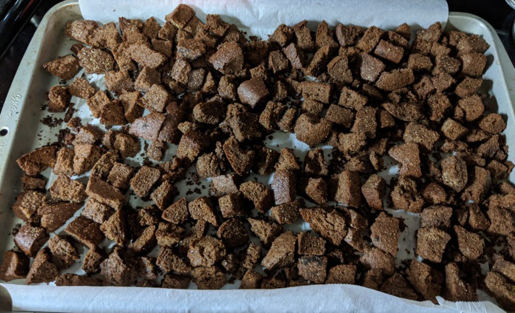 Pumpernickel croutons fresh out of the oven